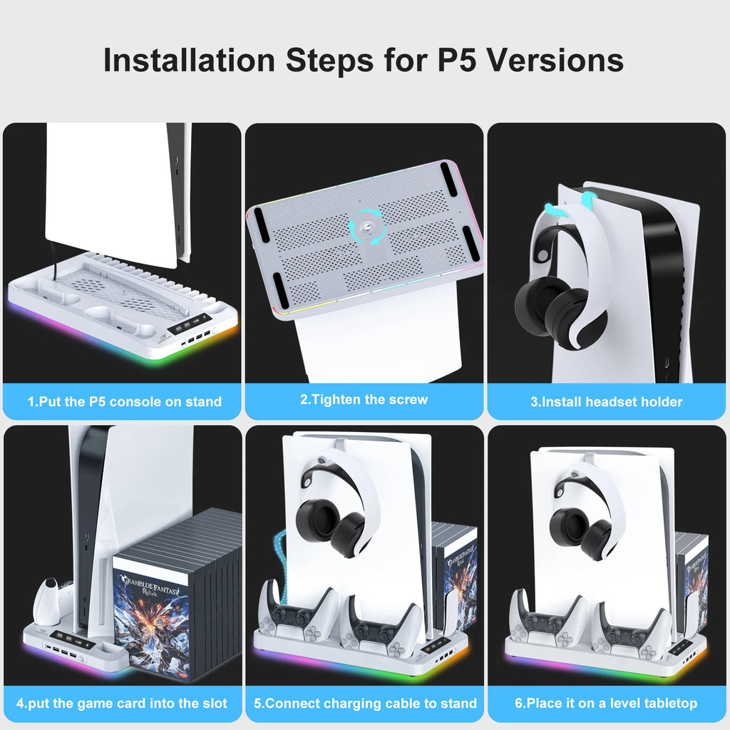 PS5 Slim RGB Cooling Stand with Controller Charging Dock & Storage Rack