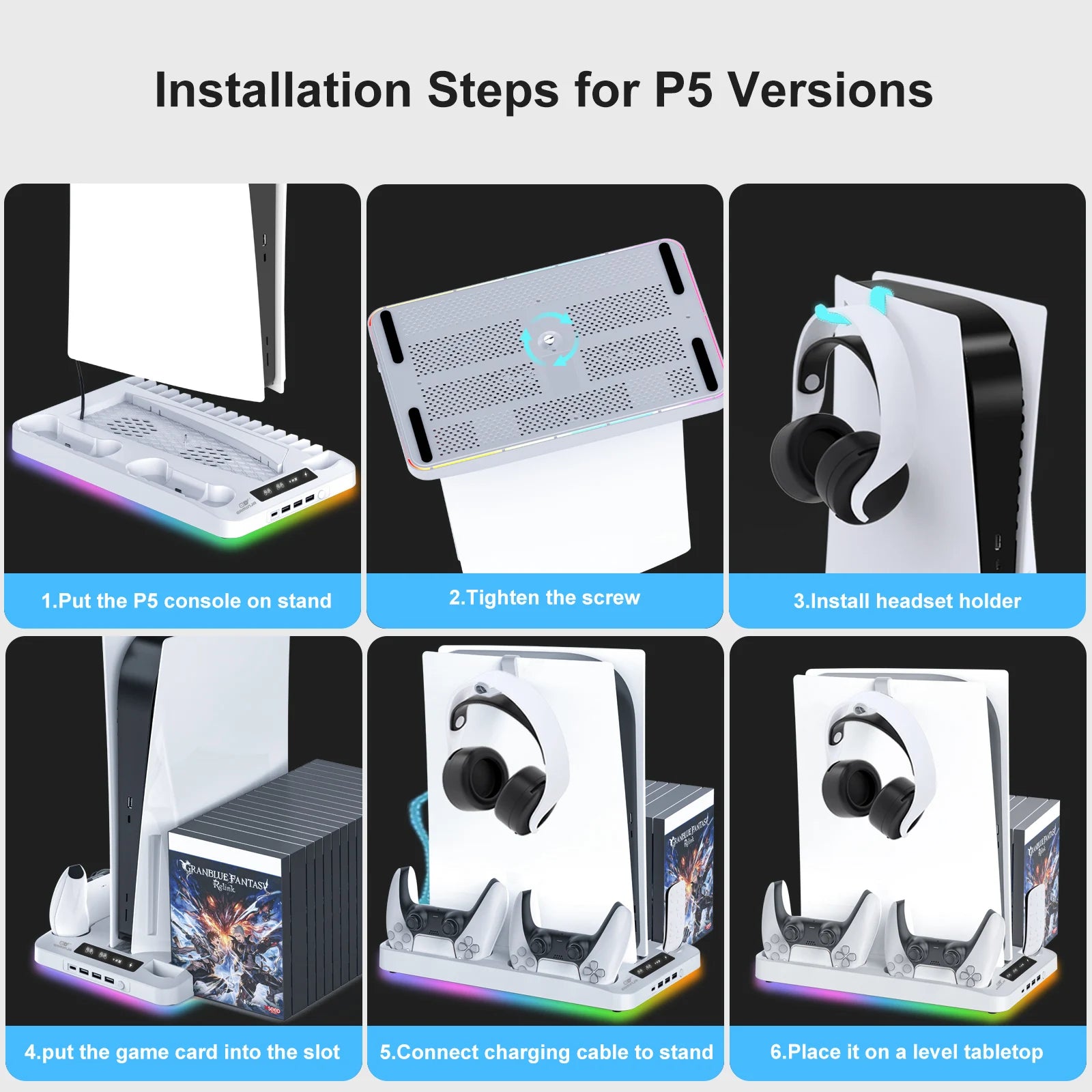 PS5 Slim RGB Cooling Stand with Controller Charging Dock & Storage Rack