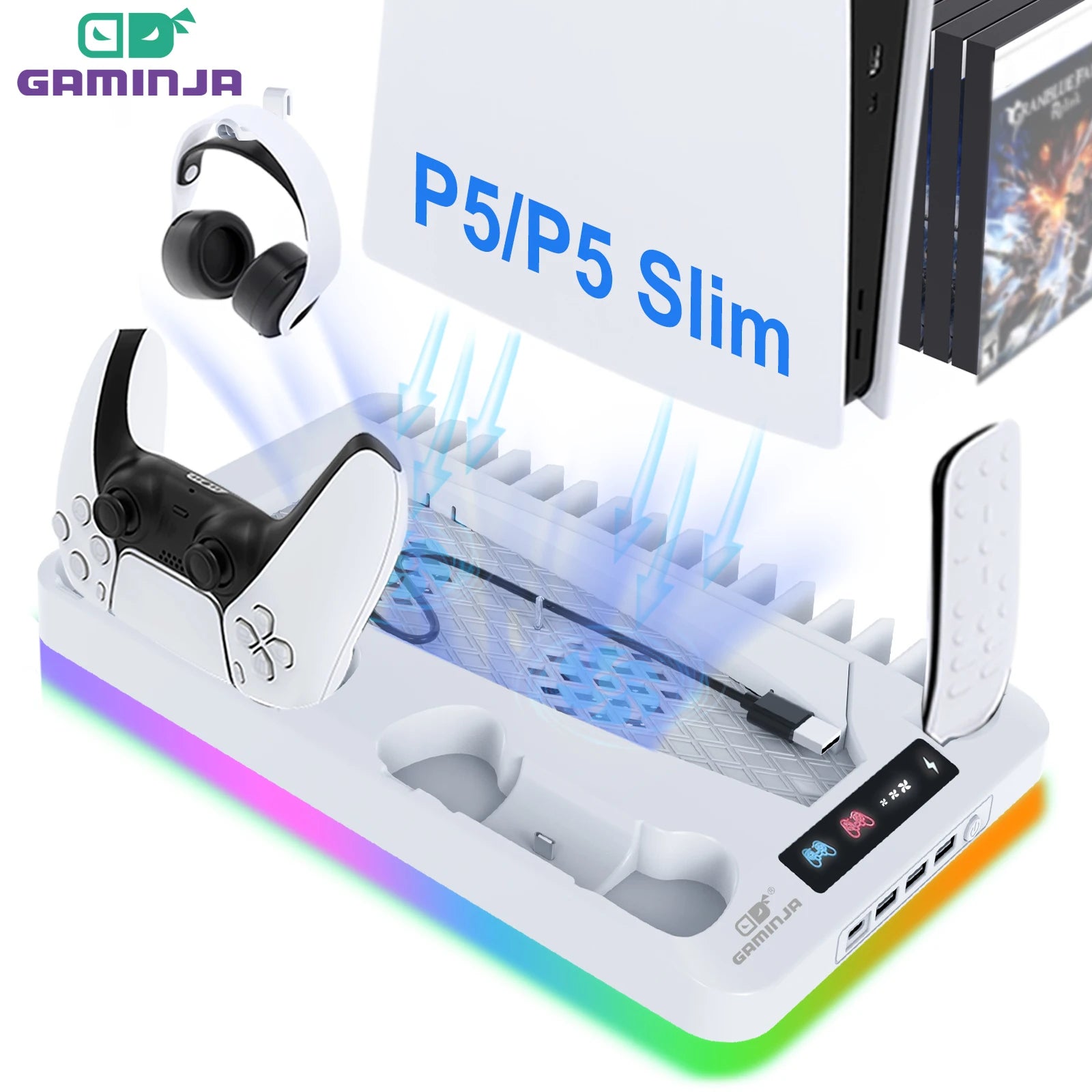 PS5 Slim RGB Cooling Stand with Controller Charging Dock & Storage Rack